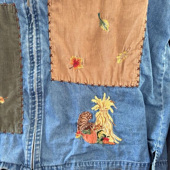 Vintage Cottagecore Fall Autumn Embroidered Patchwork Denim Jacket XL Pumpkin 90 - Picture 6 of 16